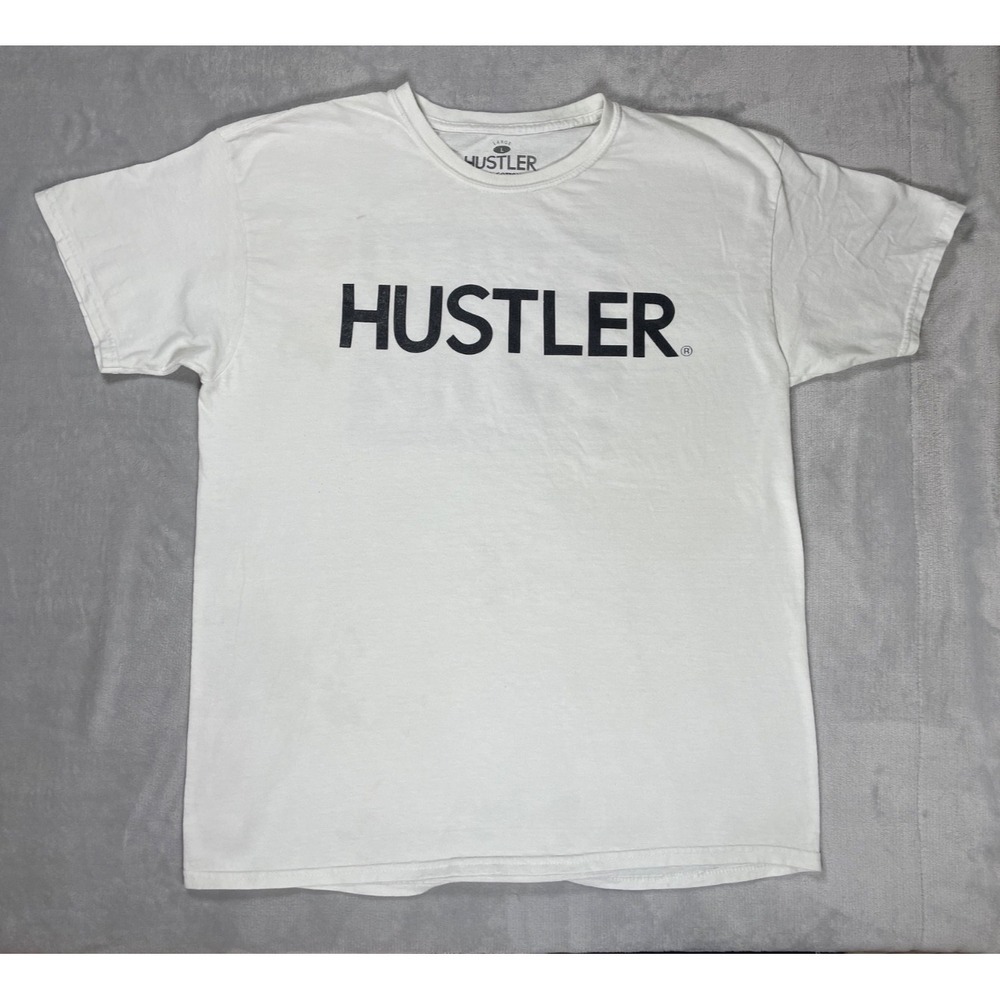 Hustler T Shirt Mens Large White Graphic Logo Double Sided Streetwear Made USA